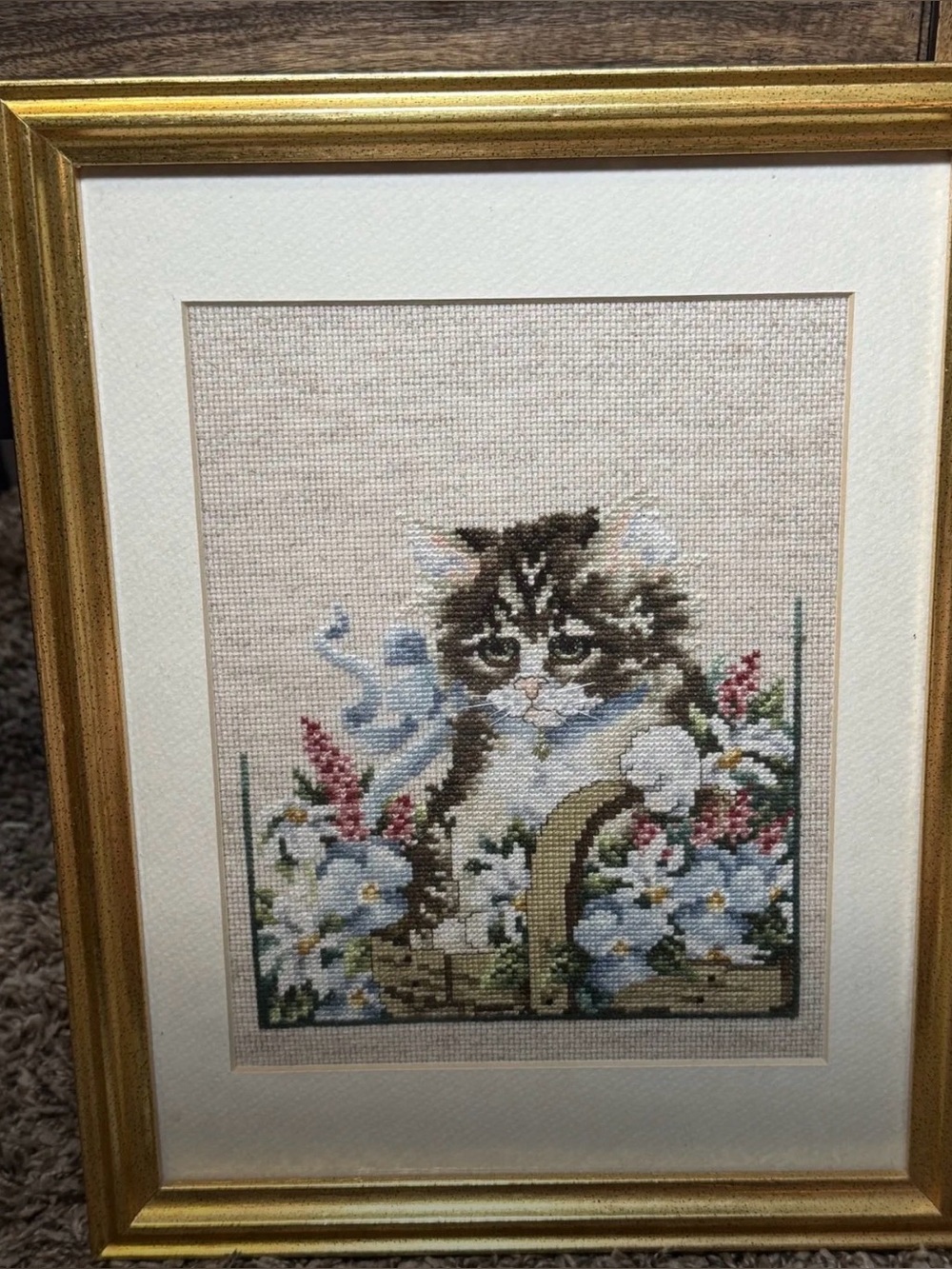 Vintage Framed Cross Stitch Cat in a Garden Basket - Handmade
Needlepoint